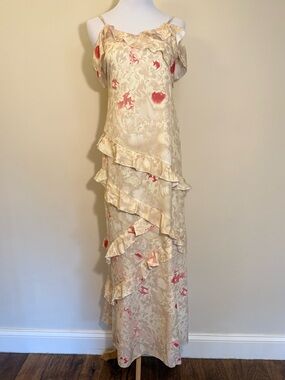 Floral Ruffle Midi Dress Adjustable Straps Romantic Summer Wedding Guest Golden